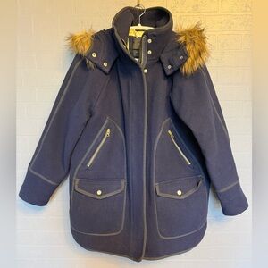 J. Crew Navy Blue Summit Wool Parka with Faux Fur Trim